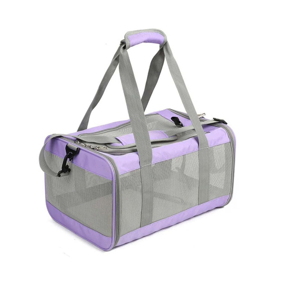 p808 soft sided pet carrier in lavender with grey mesh panels and dual carry handles, closed front view, white background