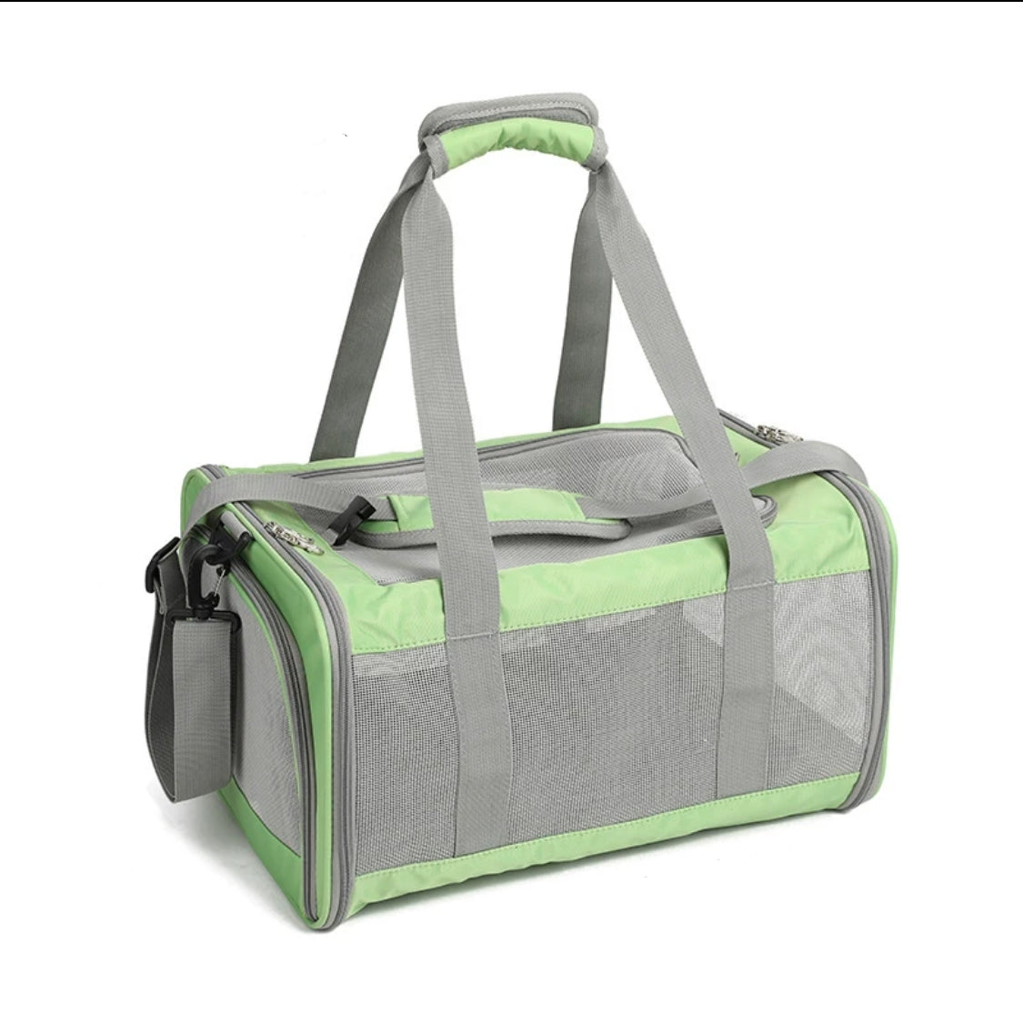 p808 soft sided pet carrier in sage green with grey mesh panels and dual carry handles, closed front view, white background