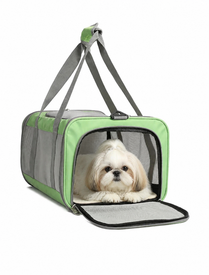 p808 sage green soft sided pet carrier with front mesh door open, white Shih Tzu dog resting inside looking at camera, white background