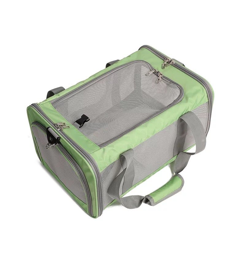 p808 sage green soft sided pet carrier three-quarter front view showing mesh ventilation panels, front door zipper, and padded top handle