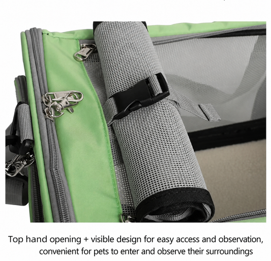 Close-up of p808 green pet carrier showing top roll-up mesh window secured with buckle strap for top-hand access and ventilation