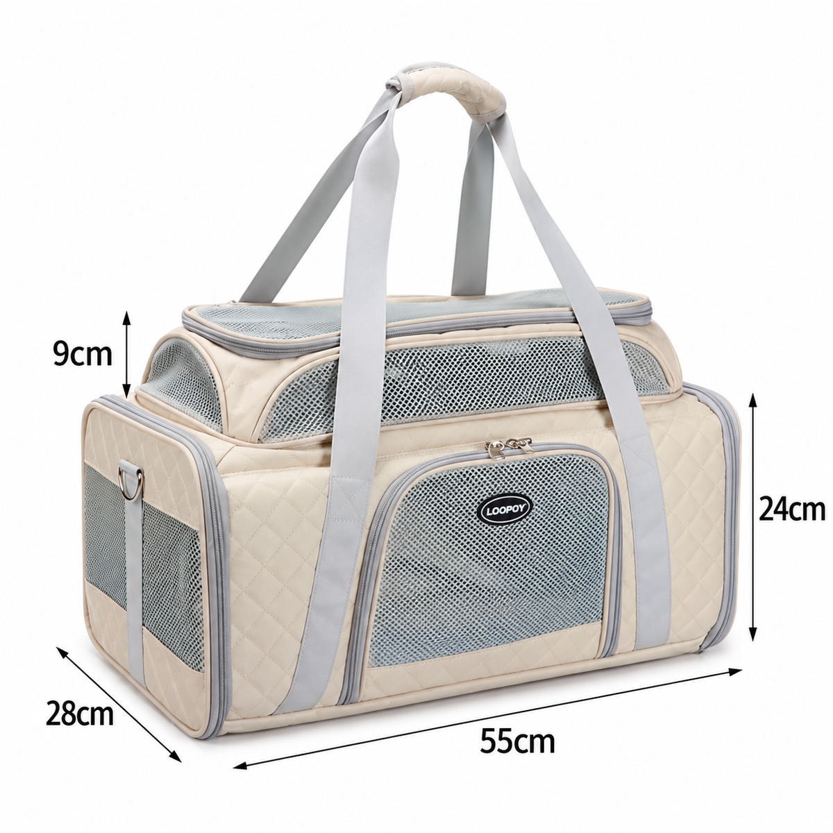 Beige P8100 soft-sided pet carrier measuring 55 × 28 × 24 cm with a 9 cm expandable mesh top