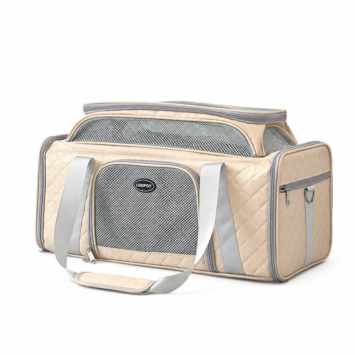 Beige P8100 expandable pet carrier with quilted Oxford fabric, mesh ventilation and padded shoulder straps