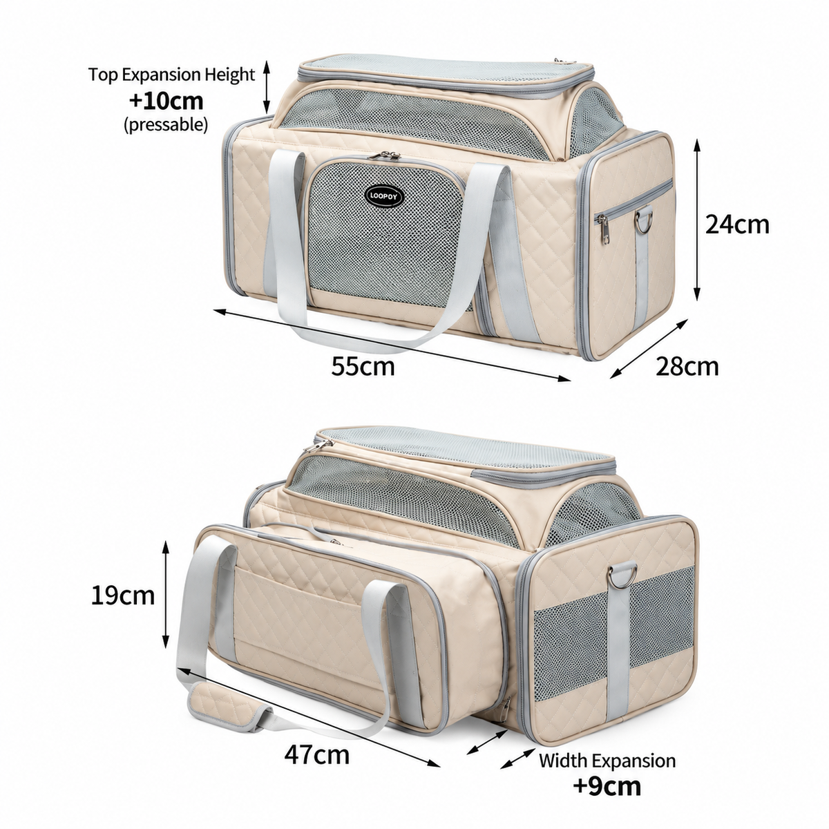 Beige P8100 pet carrier showing 55 × 28 × 24 cm dimensions, 10 cm top expansion and 9 cm side expansion