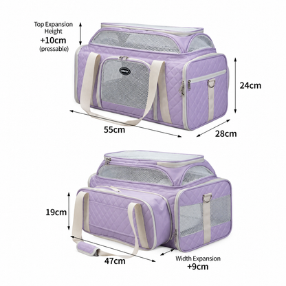 Purple P8100 pet carrier showing its expandable mesh top, side extension and complete product dimensions