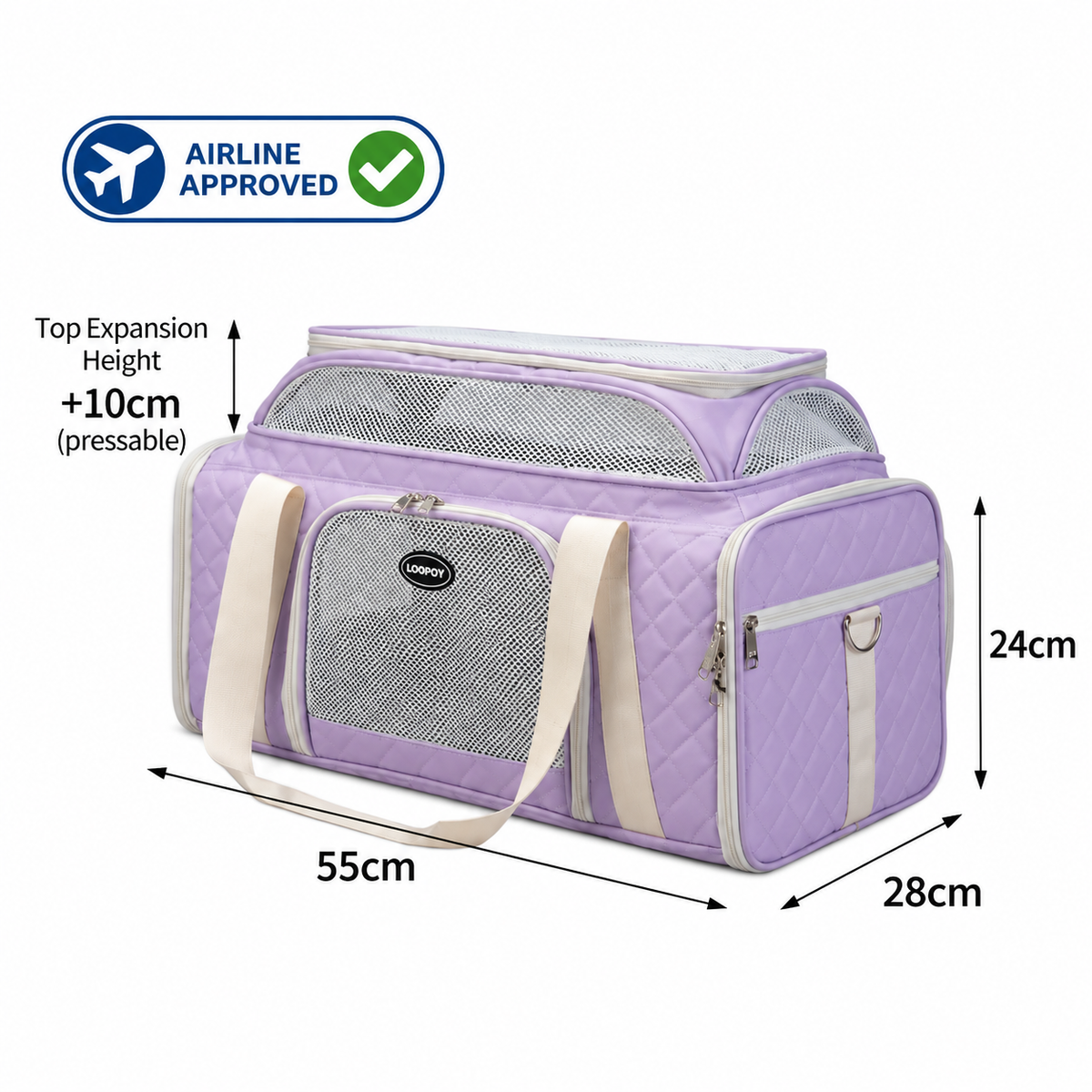 Purple P8110 expandable soft-sided airline pet carrier measuring 55×28×24cm with a pressable 10cm top expansion.
