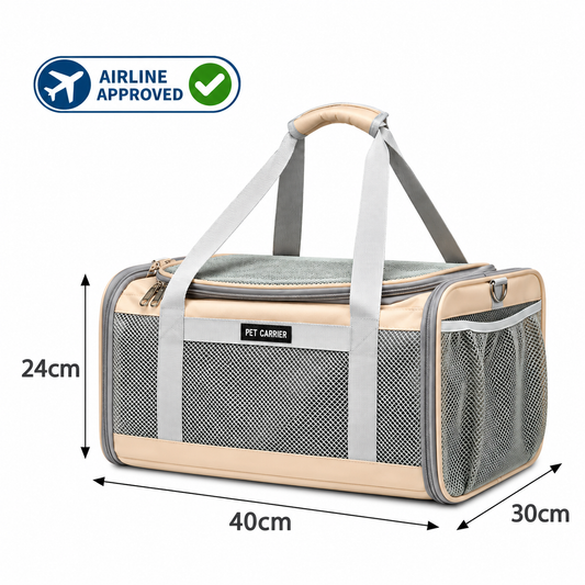 Beige P8111 expandable soft-sided pet carrier measuring 40×30×24cm with mesh ventilation and airline approved badge.