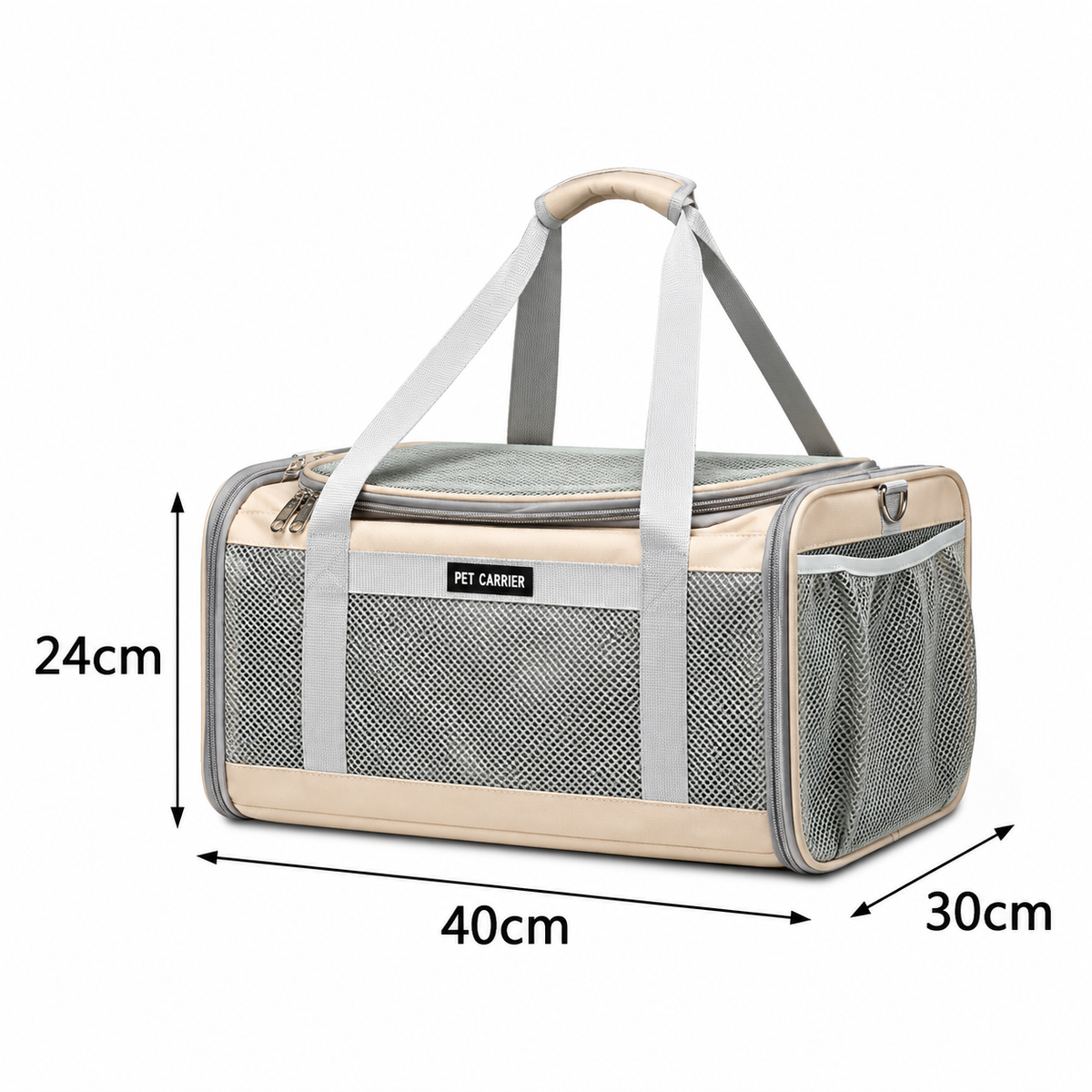Beige P8111 soft-sided pet carrier measuring 40 × 30 × 24 cm with breathable mesh panels