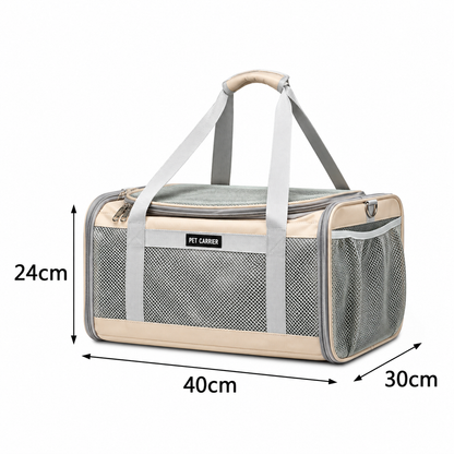 Beige P8111 soft-sided pet carrier measuring 40 × 30 × 24 cm with breathable mesh panels