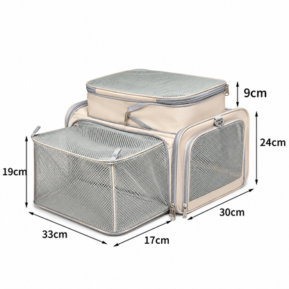 xpanded P8111 pet carrier showing the raised top and side mesh extension with dimensions
