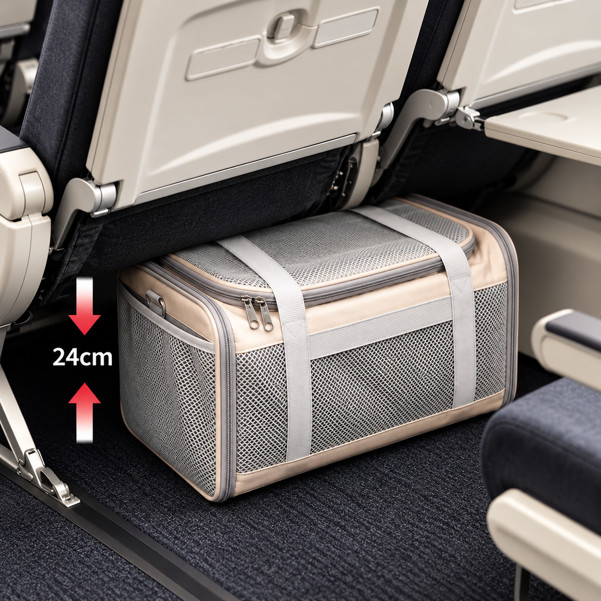 Beige P8111 soft-sided pet carrier compressed to 24 cm beneath an airplane seat
