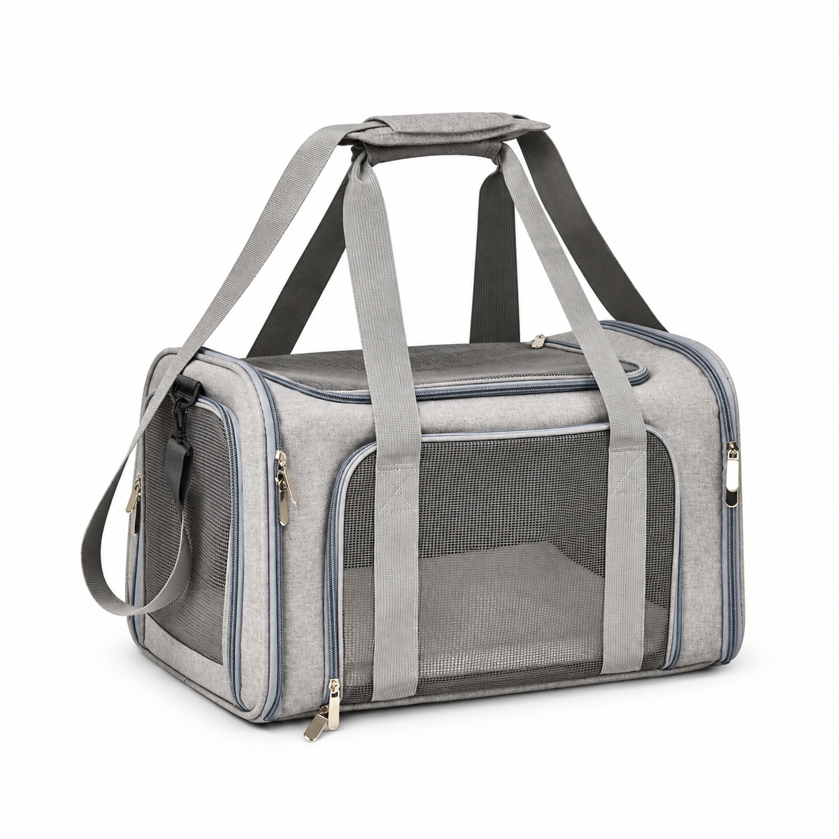Grey foldable P8112 pet carrier with carrying handles, shoulder strap and breathable mesh sides