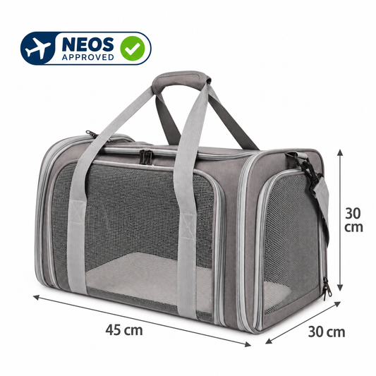 Grey P8112 foldable soft-sided pet carrier measuring 45×30×30cm with mesh ventilation and NEOS approved badge.