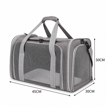 Grey P8112 soft-sided pet carrier measuring 45 × 30 × 30 cm with mesh ventilation panels