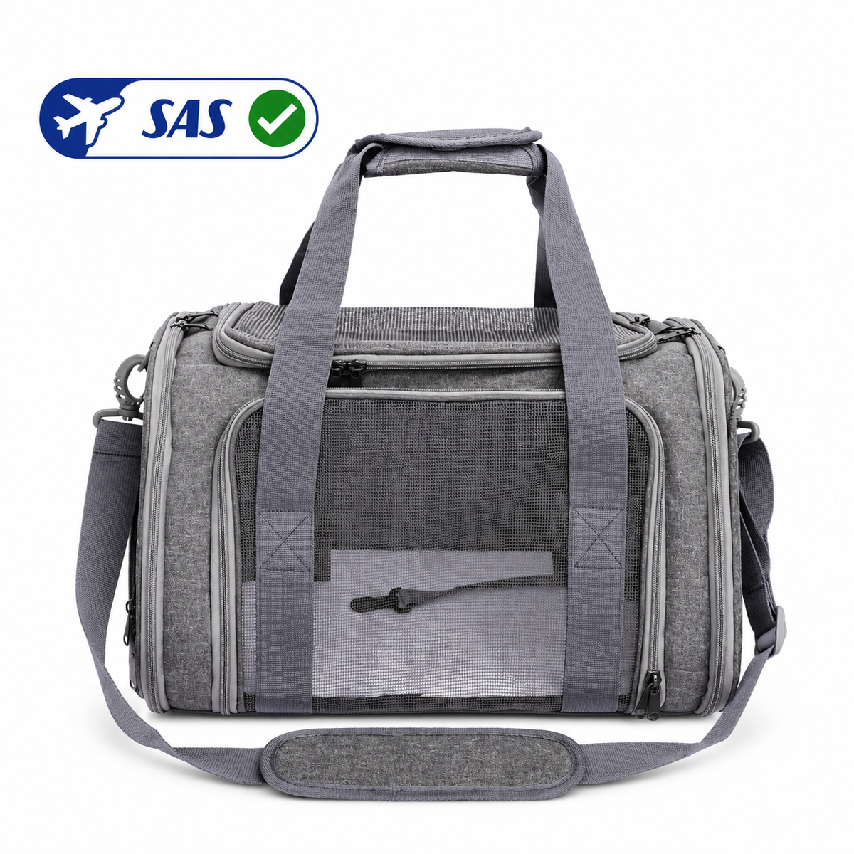 Grey P8113 soft-sided pet carrier with breathable mesh, carrying handles and shoulder strap