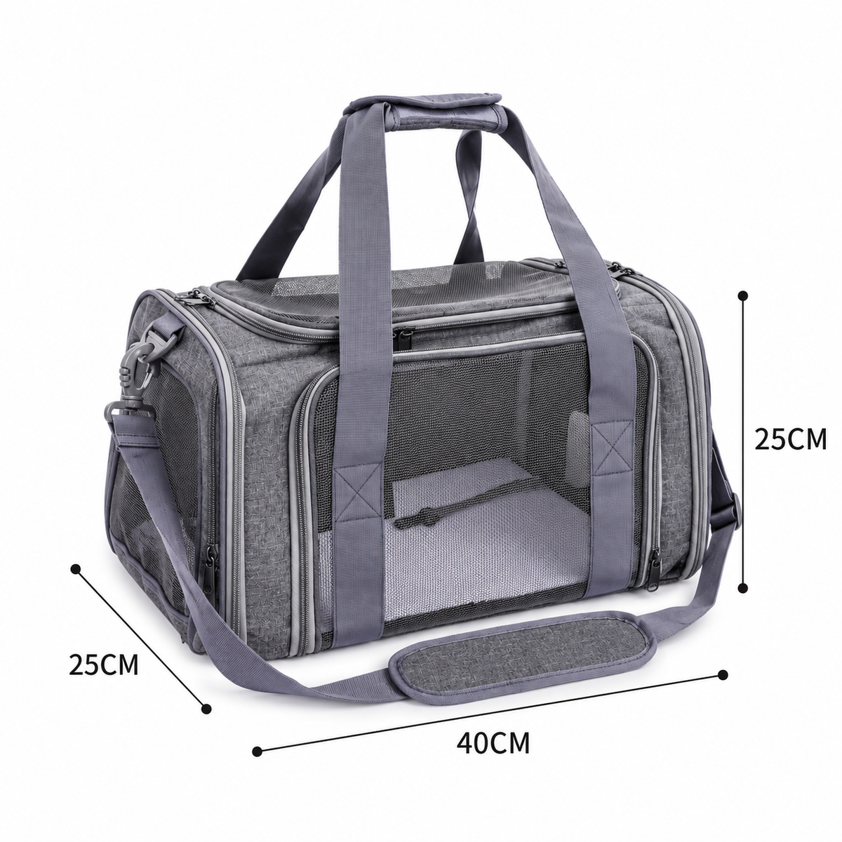 Grey P8113 compressible pet carrier measuring 40 × 25 × 25 cm before height compression