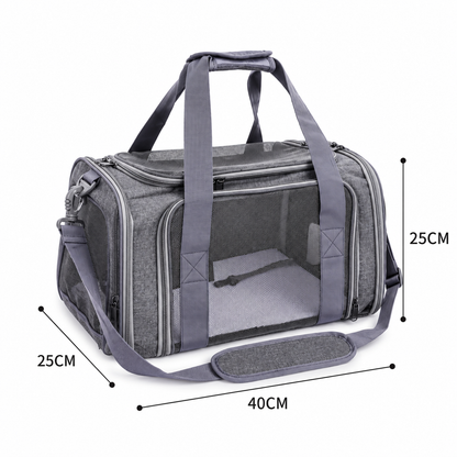Grey P8113 compressible pet carrier measuring 40 × 25 × 25 cm before height compression