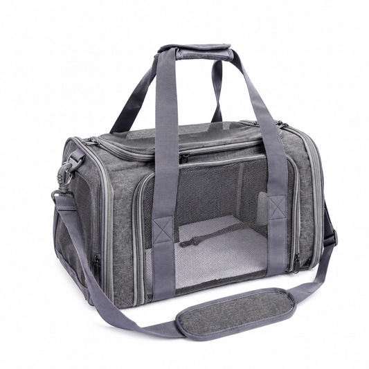 Angled view of the grey P8113 pet carrier showing its mesh top, side ventilation and shoulder strap