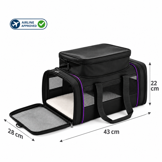 Black P8114 compressible soft-sided pet carrier measuring 43×28×22cm with mesh panels and under-seat travel design.