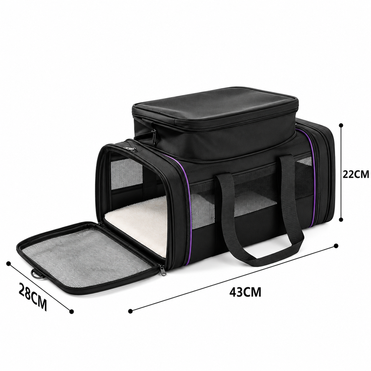 Black P8114 soft-sided pet carrier measuring 43 × 28 × 22 cm with mesh ventilation and raised top section