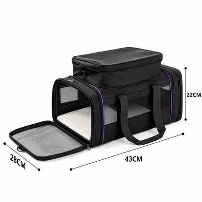 Black P8114 soft-sided pet carrier measuring 43 × 28 × 22 cm with mesh ventilation and raised top section