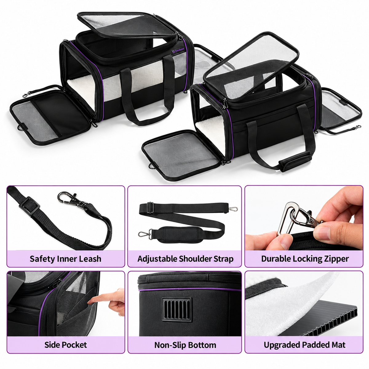 P8114 pet carrier showing its safety tether, adjustable shoulder strap, zipper clips, side pocket, non-slip base and padded mat