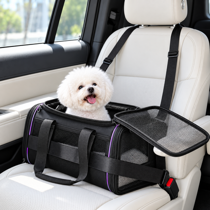 Small white dog sitting inside the black P8114 soft-sided carrier secured on a vehicle seat