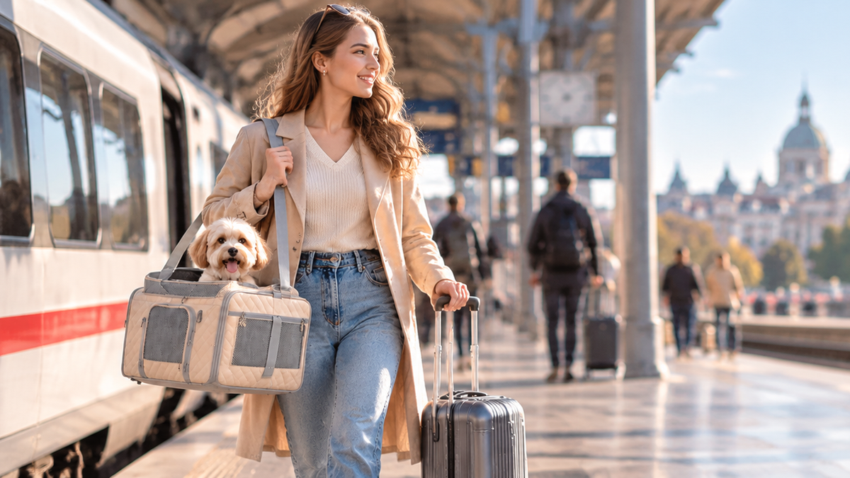 Woman walking along a European train platform with a suitcase and a small dog in a ventilated soft-sided pet carrier.