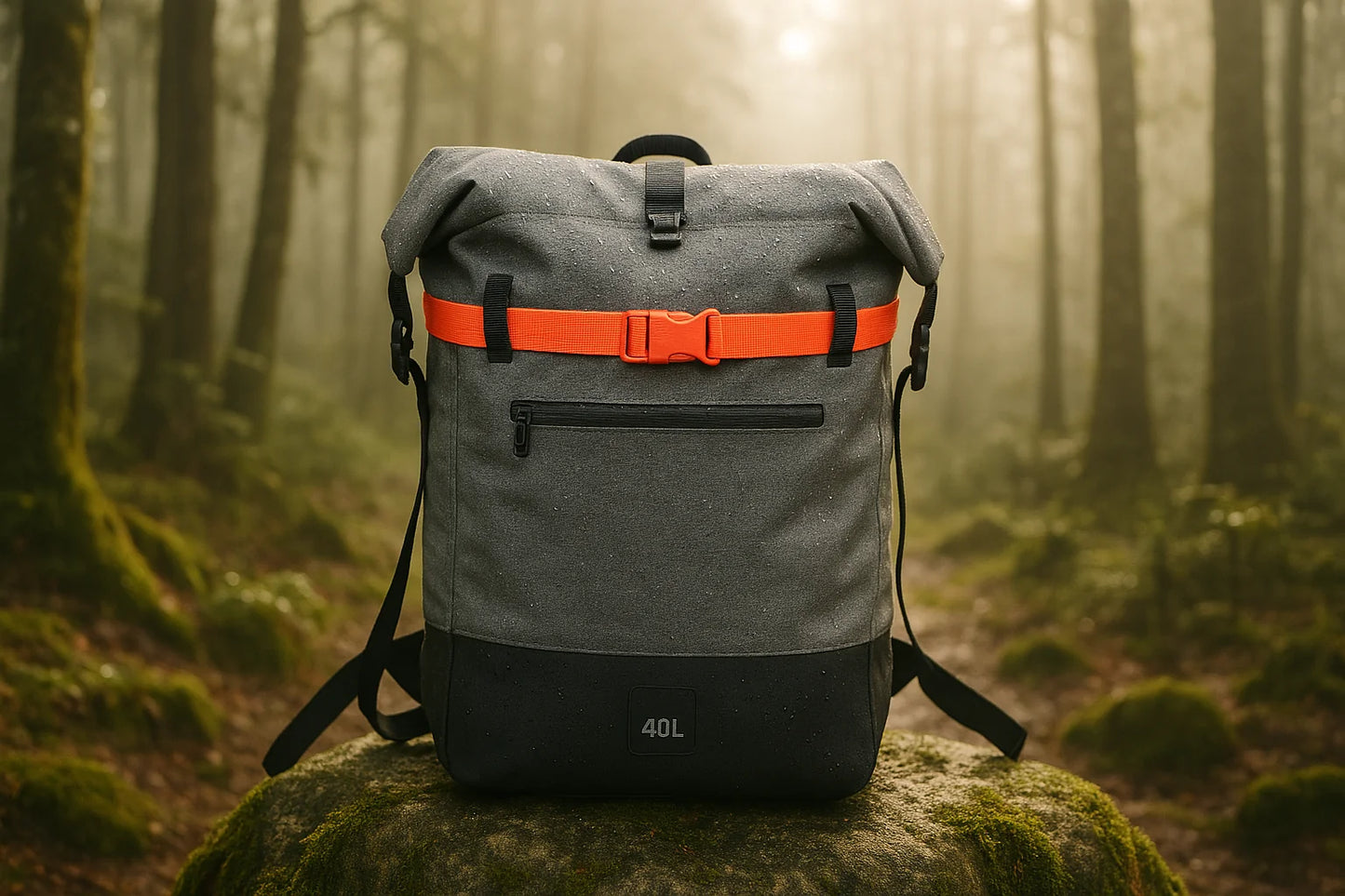 The BackpackBeat 6600 waterproof backpack shown with a forest trail background — ideal for nature and weekend escapes.