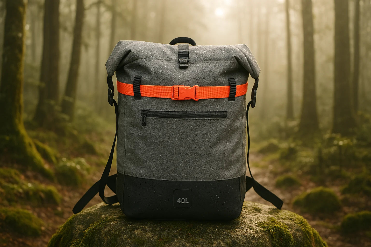 The BackpackBeat 6600 waterproof backpack shown with a forest trail background — ideal for nature and weekend escapes.