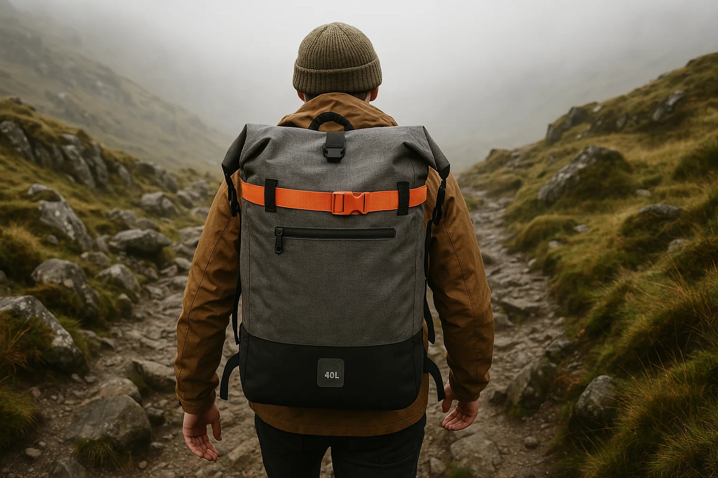 A man hiking through misty mountain terrain with the BackpackBeat 6600 waterproof backpack — rugged, weather-ready design.