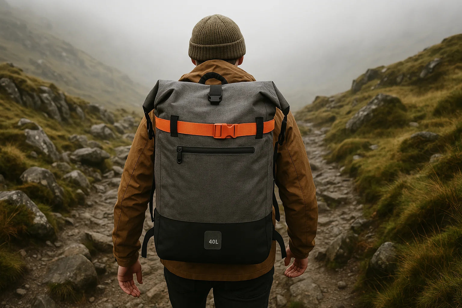 A man hiking through misty mountain terrain with the BackpackBeat 6600 waterproof backpack — rugged, weather-ready design.