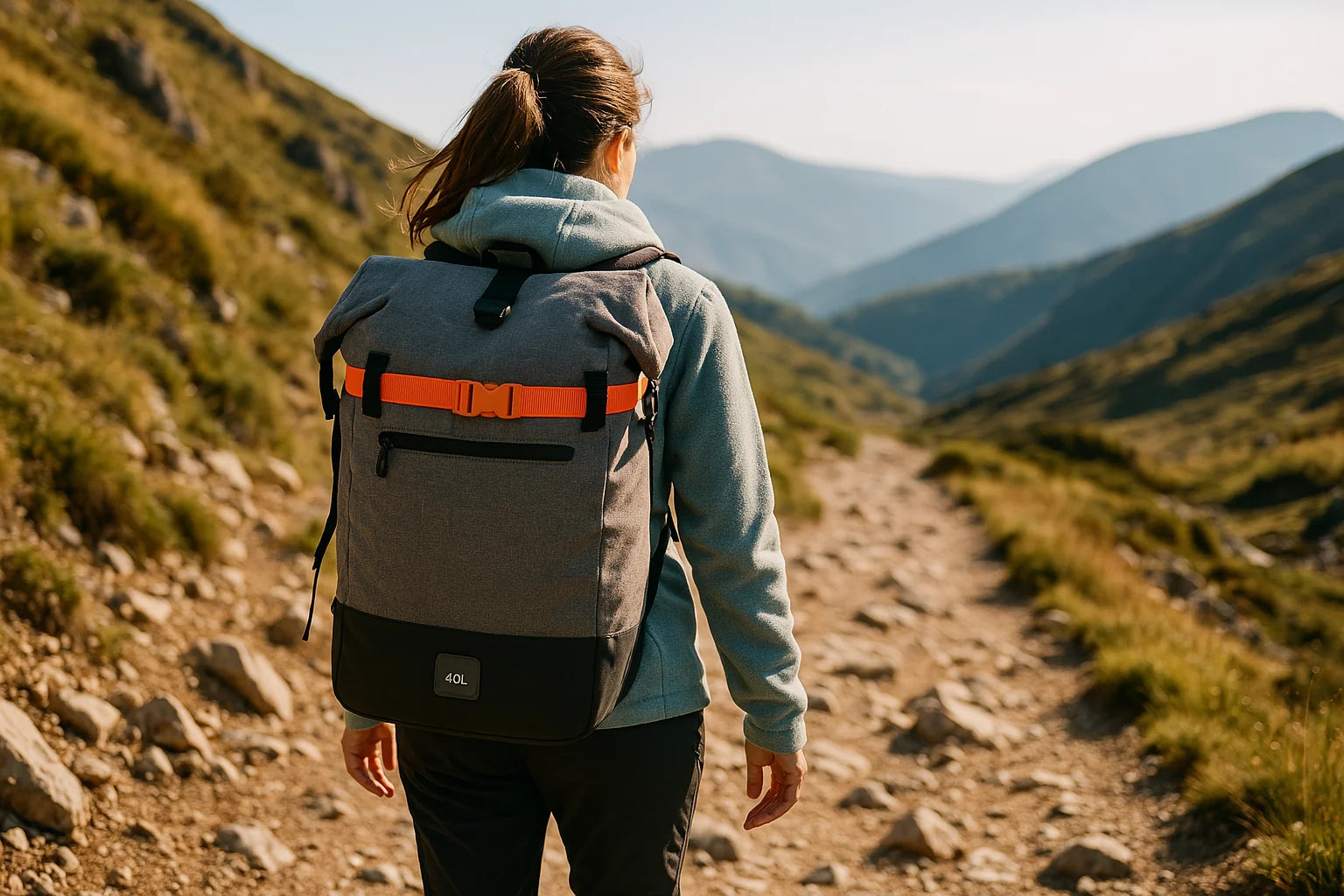 A woman wearing a fleece hoodie hiking with the BackpackBeat 6600 waterproof backpack — functional and lightweight.