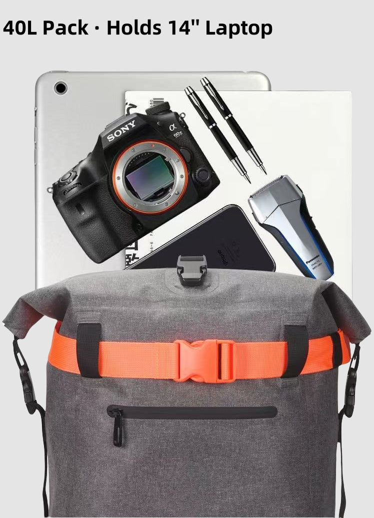 BackpackBeat 6600 40L waterproof backpack capacity display — shows camera, laptop, and essentials for digital nomads.