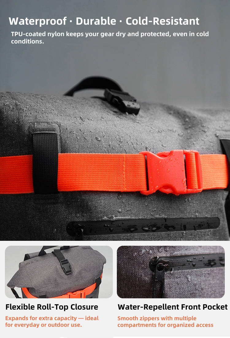 Close-up of buckle and zipper detail on the BackpackBeat 6600 waterproof backpack — showcasing secure roll-top design.