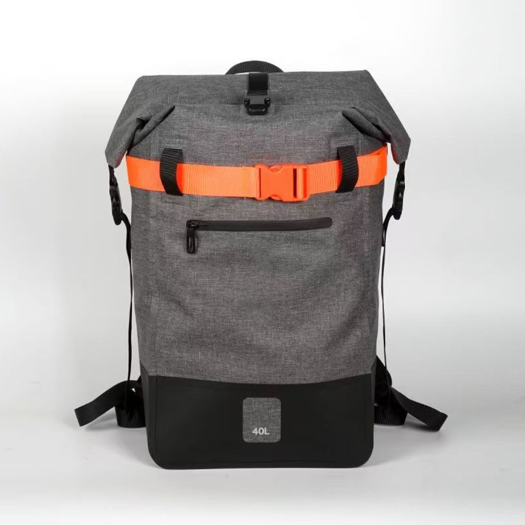 Front view of the BackpackBeat 6600 40L waterproof backpack in grey — minimal and durable for everyday use.