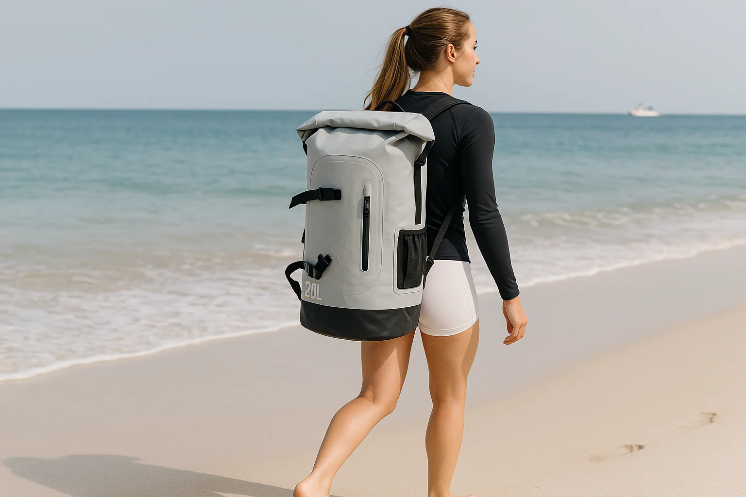A woman in a black rashguard walking on a sunny beach, carrying the BackpackBeat 6601 completely waterproof backpack 20L.