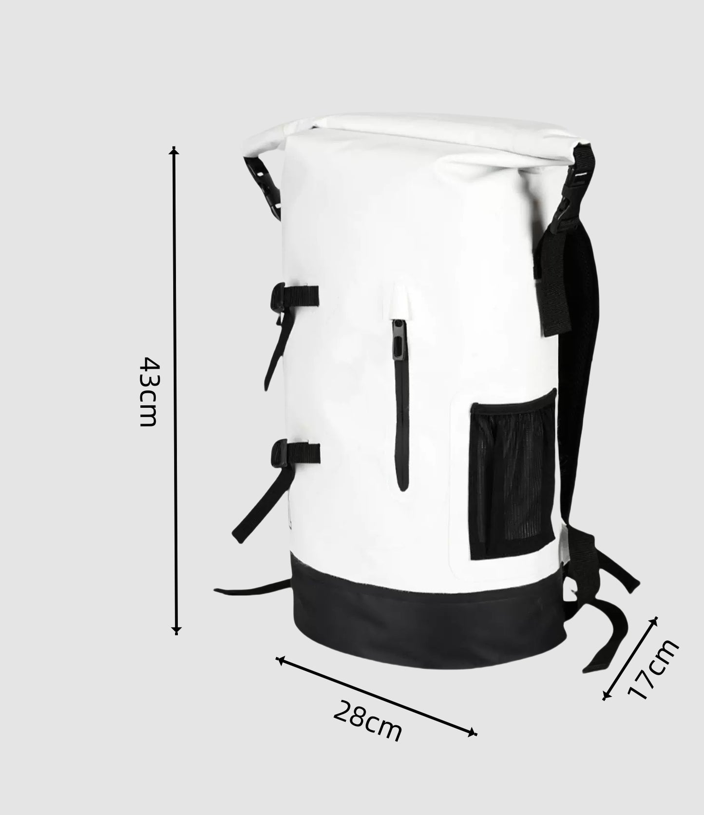 Size reference of the BackpackBeat 6601 completely waterproof backpack 20L with daily items for scale.