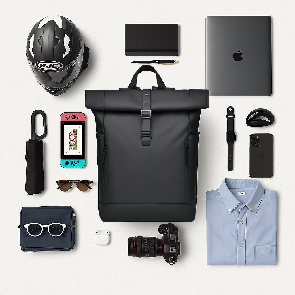 Flat lay showing the BackpackBeat 7700 waterproof backpack 18L surrounded by everyday carry items including a helmet, camera, and laptop.