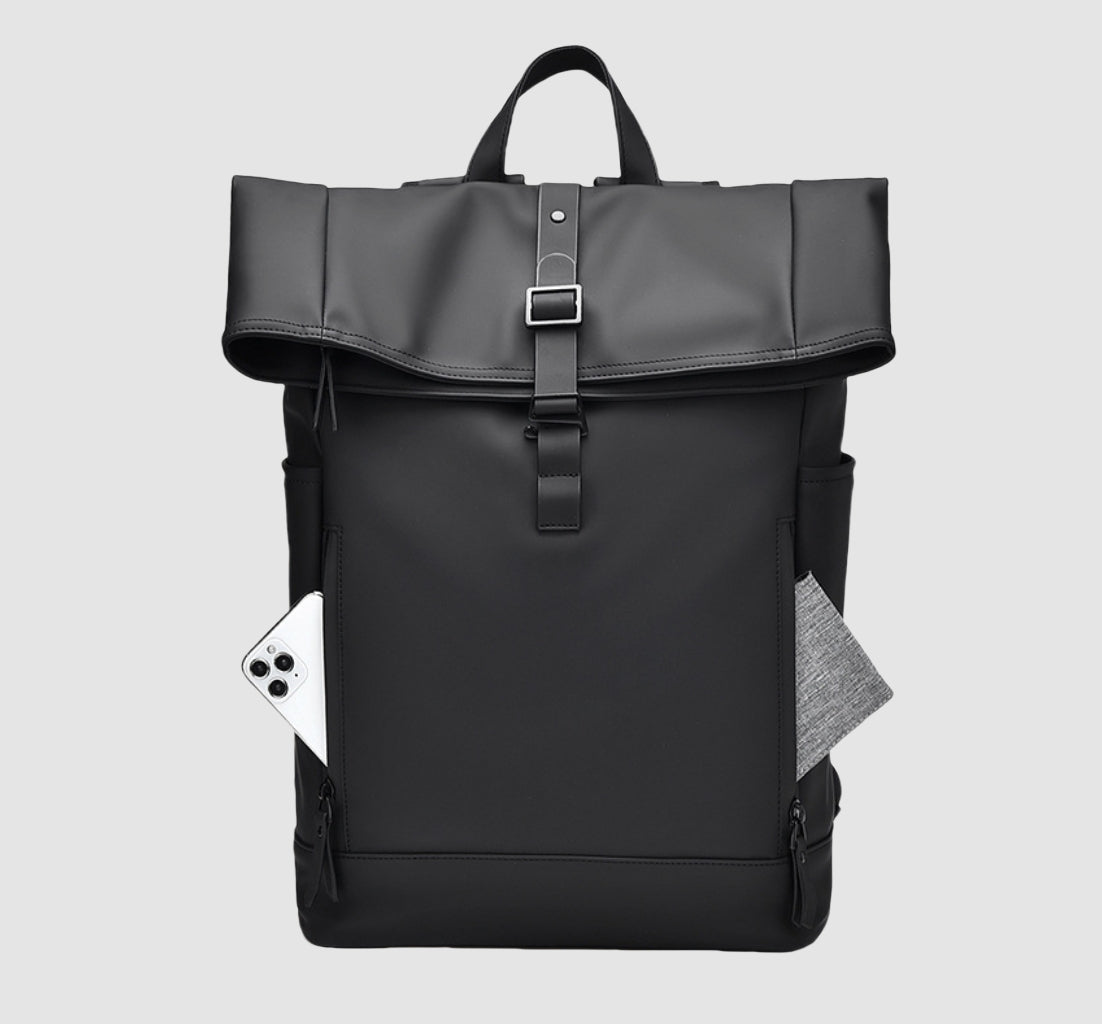 Front view of the BackpackBeat 7700 waterproof backpack 18L with organized compartments holding a wallet and smartphone.