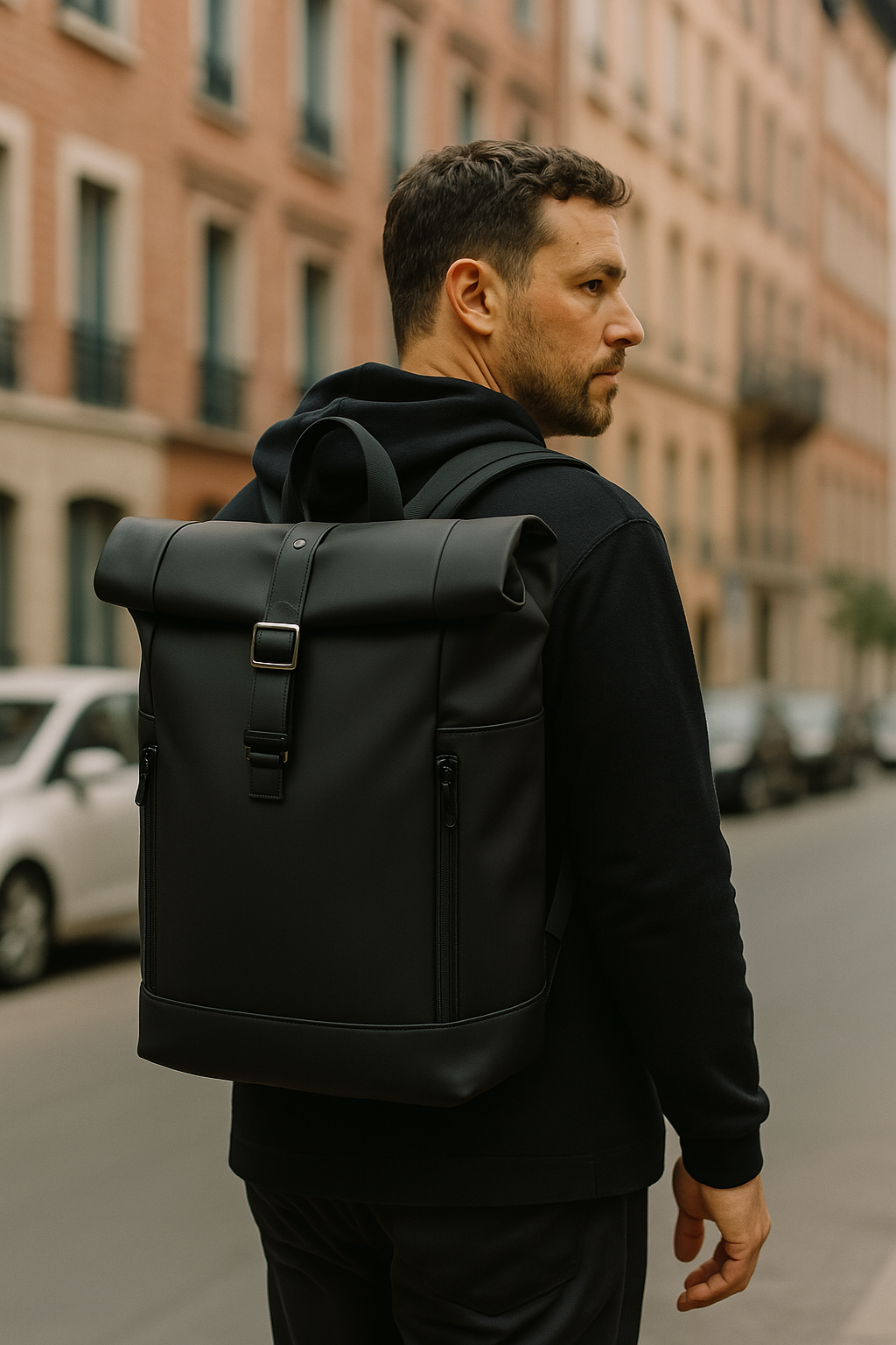 A man wearing the BackpackBeat 7700 waterproof backpack 18L in black while walking down a city street.