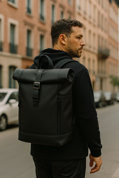 A man wearing the BackpackBeat 7700 waterproof backpack 18L in black while walking down a city street.