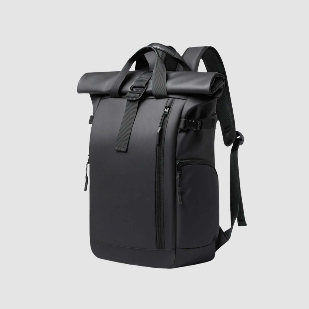 BackpackBeat 7701 waterproof backpack 18L in black — front view with roll-top closure and minimalist design
