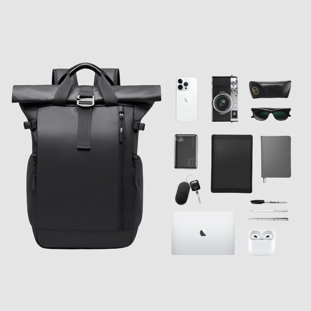 BackpackBeat 7701 waterproof backpack 18L — displayed with tech gadgets and travel essentials to show storage capacity