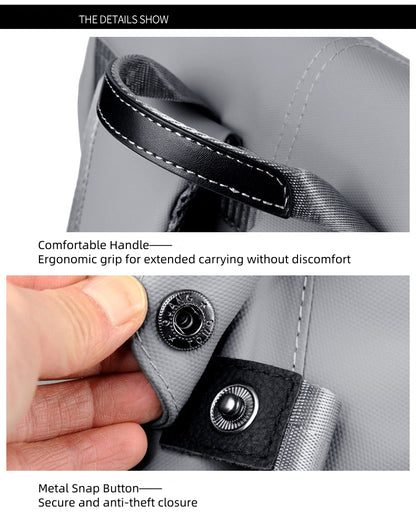 Close-up of Backpackbeat 7703 backpack's ergonomic handle and secure metal snap closure