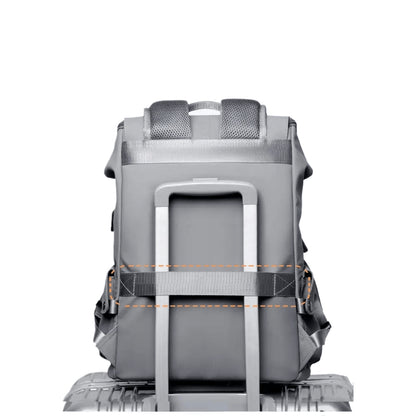 Back view of the Backpackbeat 7703 Backpack secured on a luggage trolley with rear strap support.