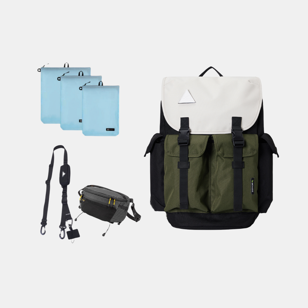 BackpackBeat 7705 waterproof multi-color canvas backpack 25L green white with complete travel accessories set including 1101 modular strap 1102 organizer bags 3300 crossbody bag