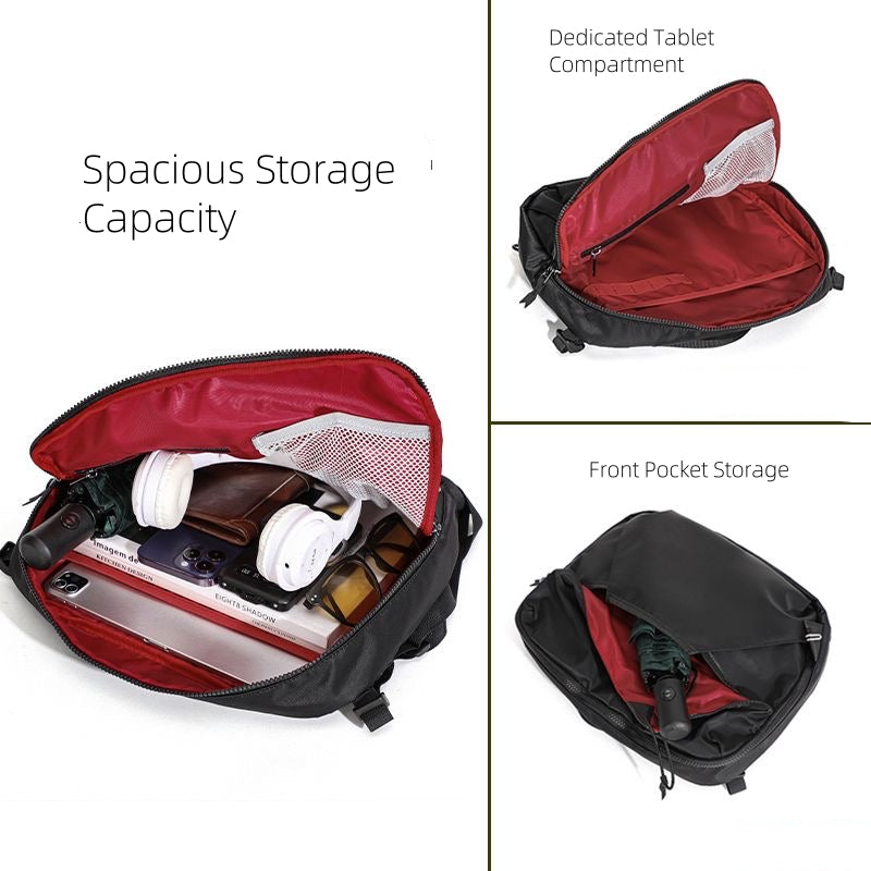 Open view of Backpackbeat 9900 showing tablet compartment, front pocket, and full interior layout