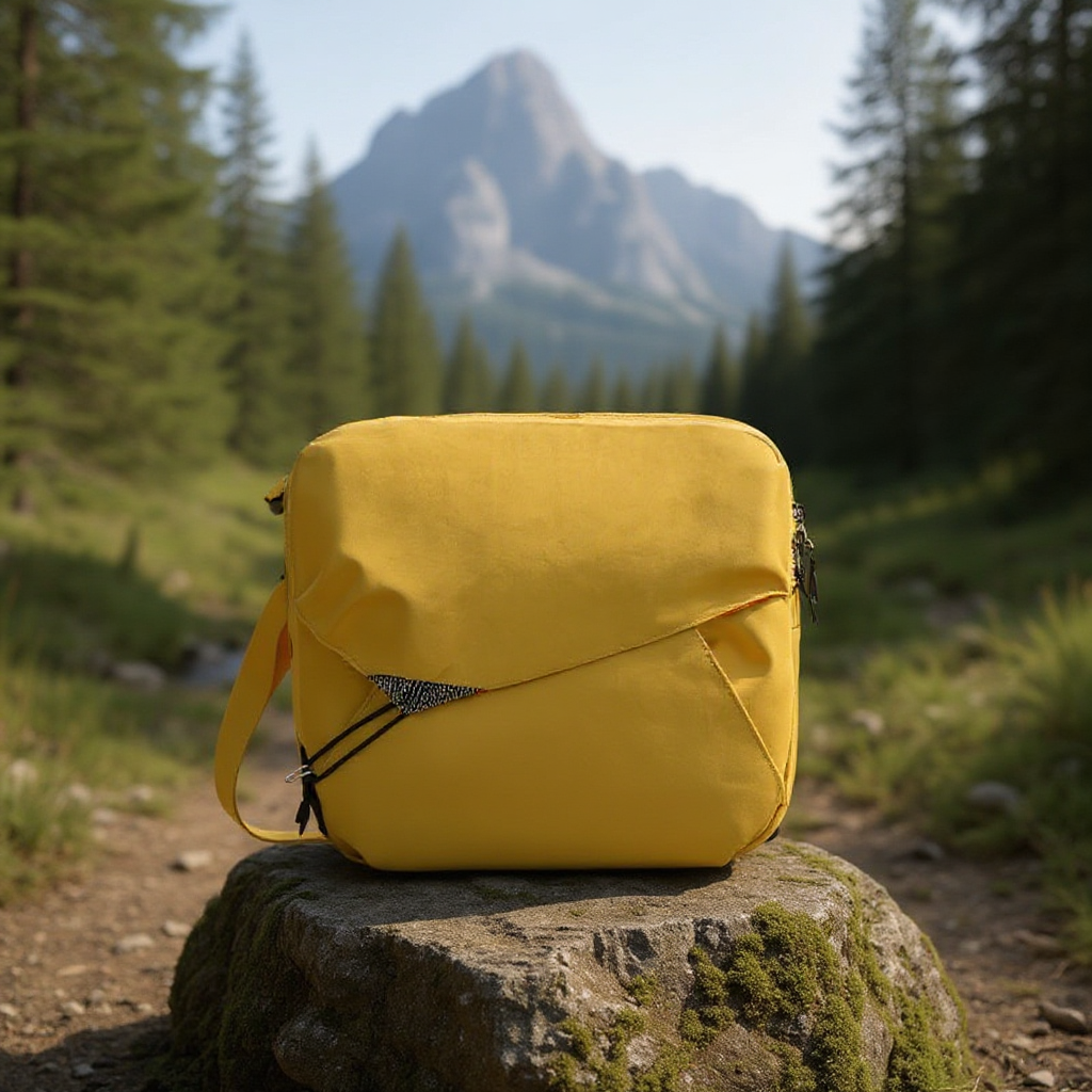 Backpackbeat 9900 yellow crossbody backpack placed on a mossy rock in a forest with mountains in the background