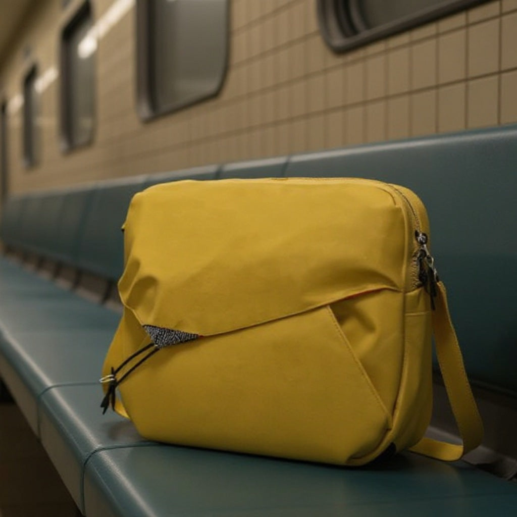  Backpackbeat 9900 yellow crossbody backpack on a blue subway bench in an urban underground station